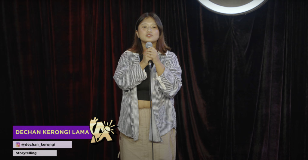 Dechan Kerongi Lama passionately narrating a heartfelt story about her grandfather on the stage of India’s Got Latent Episode 11.